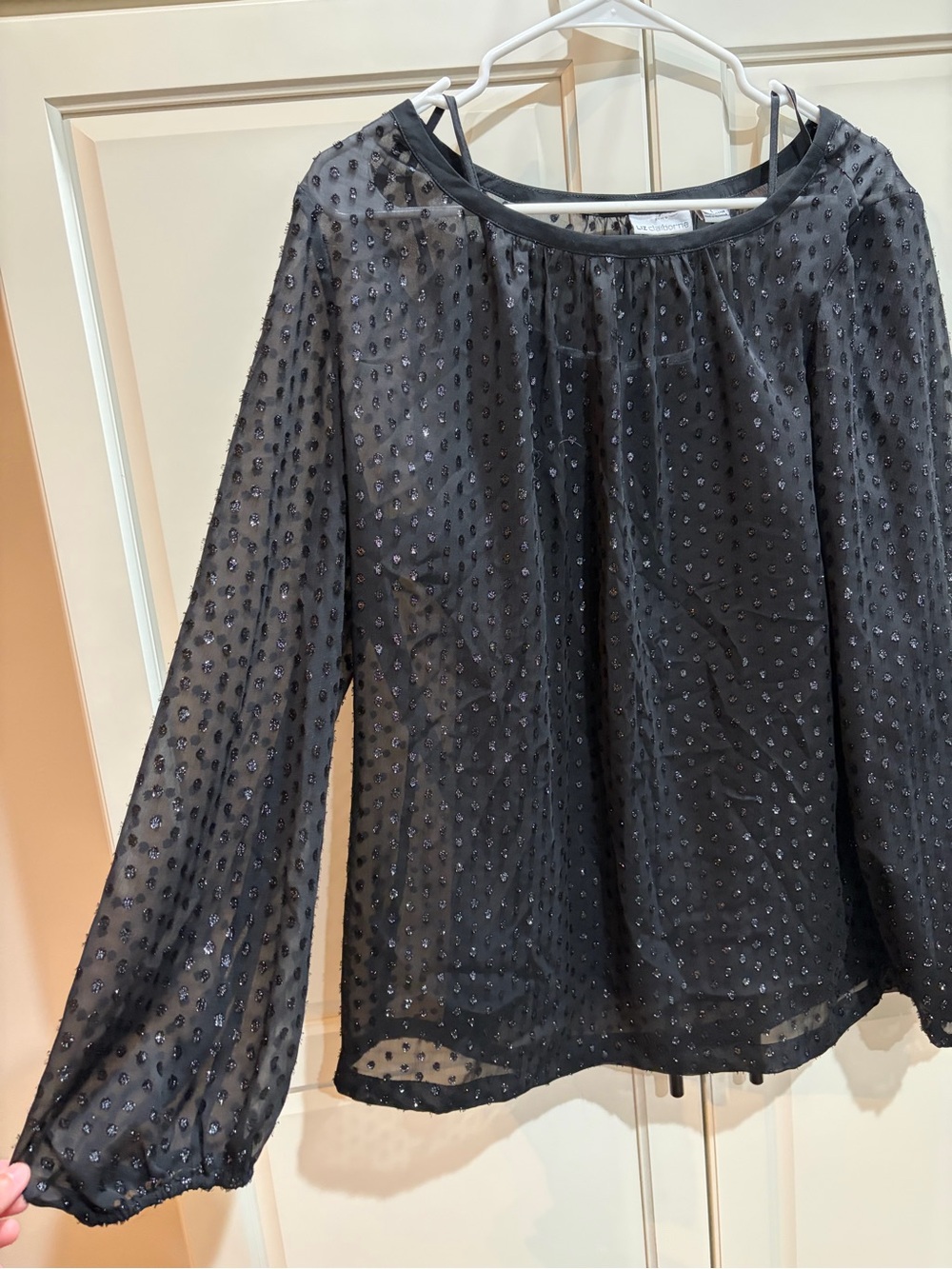 Liz Claiborne Sheer Black Glitter Dot Long-Sleeve Blouse with tank underneath